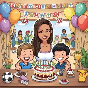 Create a lively cartoon scene for Shannon's birthday gathering o...
