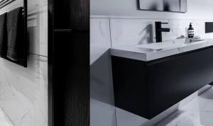 “Modern small black and white bathroom, matte black fixtures, wh...