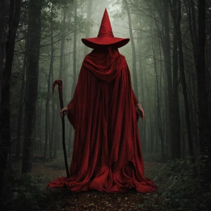 Create a realistic and detailed image of a mysterious red witch...