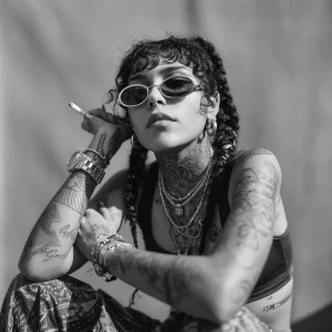 Young Moroccan woman, black hair in braids, built like mountain...