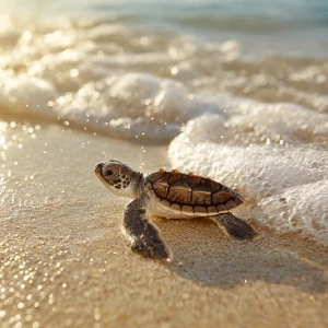 A happy Small Baby turtle heading into the surf and sun rays on...