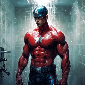 Captain America stands in the opulent bathroom shower, water cas...
