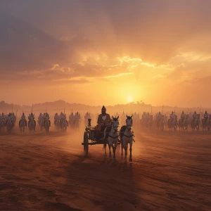 A breathtaking dawn battlefield scene — Arjuna’s chariot with fo...