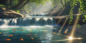 Peaceful waterfalls with a gently flowing river.
Sunlight filter...