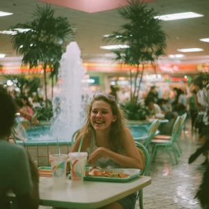 A teenage girl in 1992 holding a tray with a slice of mall pizza...