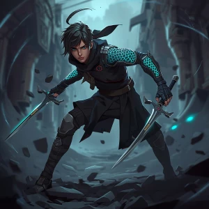 “AERIX — Windbound Rogue, stylized semi-real digital illustratio...