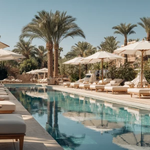 Imagine a serene outdoor poolside lounge featuring cushioned sun...