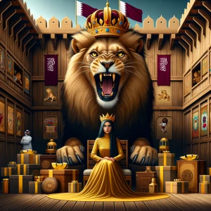 امرأة تجلس  وسط قصر خشبي وعلى رأسها تاج ذهبي لماع  وامامها اسد م...