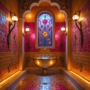 Create an image of "Bathroom 1 — Amber Bloom Washroom": Step int...