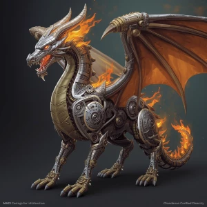Create an intricate, metallic dragon engine inspired by the char...