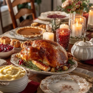 Imagine a festive Thanksgiving scene with a beautifully set tabl...