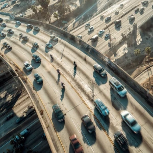 Motorcycle chase scene busy freeway drone shot