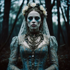A hauntingly elegant draugr, adorned in intricate rococo-inspire...