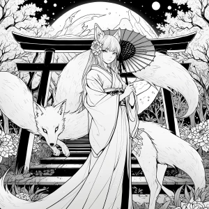 (line art), (coloring book page), a graceful kitsune with nine f...