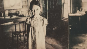 An early 1900s style photograph showing a small six-year-old gir...