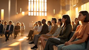Modern church interior, warm golden natural light streaming thro...