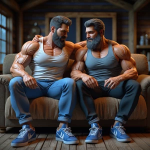 Two muscular men, John and Bobby, both with beards, displaying a...