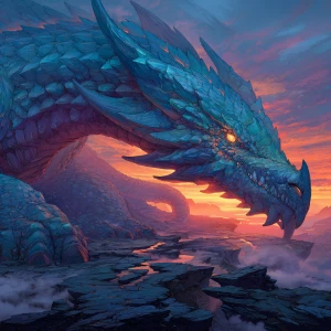 A colossal, serpentine dragon, its scales shimmering with the ir...