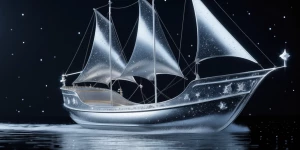 A luminous ethereal vessel adorned with celestial motifs sails g...