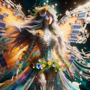 A dazzlingly adorned solarpunk galactic nomad, her outfit adorne...