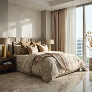 Ultra-realistic photo of a luxury bedroom in warm beige and crea...