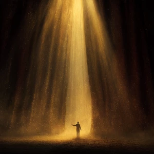 Cinematic inspirational scene of a lone figure standing before m...