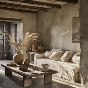 Create an ultra-realistic photograph of a wabi-sabi living room....