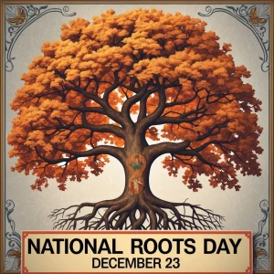 Banner states,
“National Roots Day
December 23”
(Realistic style...