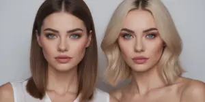 Create a good looking lesbian couple looking at the camera with...