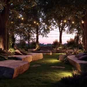 Create an image of a serene twilight garden setting with glowing...