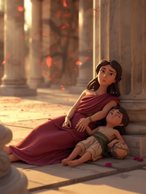 Stylized cartoon / Pixar-inspired scene, a deceased mother and h...