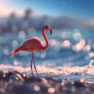 Flamingo by the shoreline, beach, bokeh