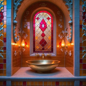 Generate an image of an opulent bathroom named "Amber Bloom Wash...