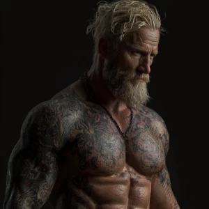 Generate an image of a strong male bodybuilder with blonde hair...