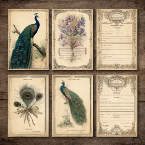 Print-ready vintage ephemera sheet with 6 matching journaling ca...