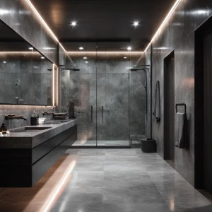 Generate a realistic image of a spacious and luxurious grey marb...