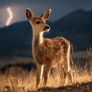 Baby fawn standing strong in storm rain in the spring, lightning...