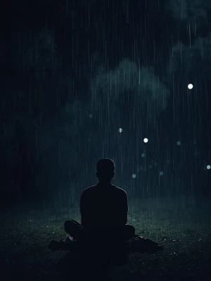 Seorang pria duduk sendiri di bawah hujan malam, wajahnya penuh...