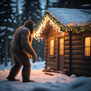 A hairy, elusive Sasquatch, blending into the dark snowy scenery...