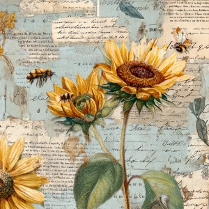 Sunflower and bee junk journal page, vintage paper collage with...