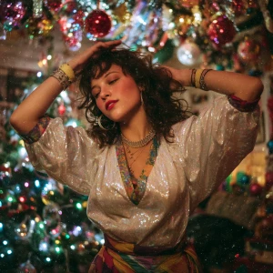 A young woman dressed in colorful 80s fashion, dancing joyfully...
