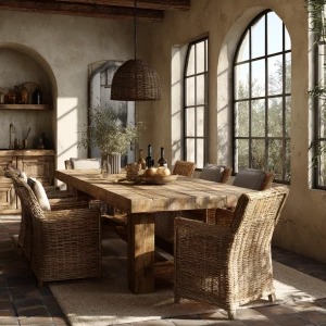 Create an image of a rustic Italian dining space featuring a lar...