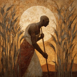 An ancient Egyptian farmer, painted in the style of a faded temp...