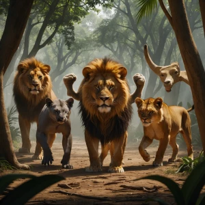 Create a video of a lion in the jungle wrestling with five diffe...