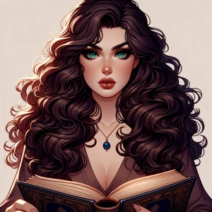 A plus-sized middle-aged woman with long, thick, curls of dark b...