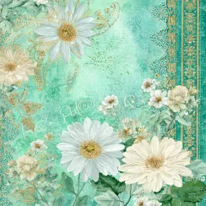 Light boho Indian sari floral scrapbook paper, soft mint green a...