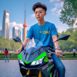 China city park background, and 20 year old boy wearing blue cas...