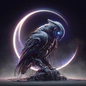 A powerful mechanical owl perched before a glowing crescent moon...