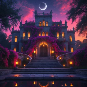 Dreamscapes Mansion – Front View: A vast, towering fantasy mansi...