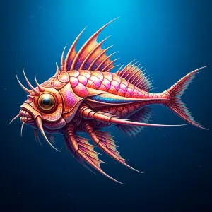 A dazzlingly fierce insectoid fish creature, its shimmering exos...